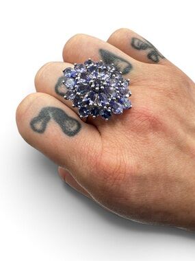 Vintage Sterling Silver Tanzanite Floral Cluster Cocktail Ring Size 11 925